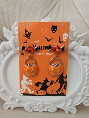 Party City Orange Pumpkin Colorful Candy Bucket Earrings, NWT